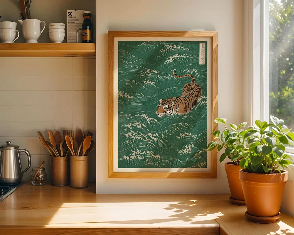 Japanese Tiger Poster – Minimalist Wave Art Print, Oriental Wall Decor Gift - Image 3 of 4