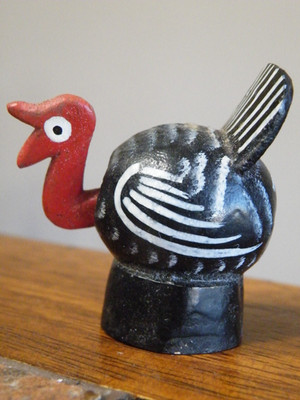 VINTAGE Mexican FOLK ART Mini TURKEY Wood BOBBLE HEAD 2'' FIGURINE Thanksgiving