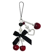 Red Cherry Bag Charm with Black Bow, Cherry Keychain Pendant for Handbag Purse