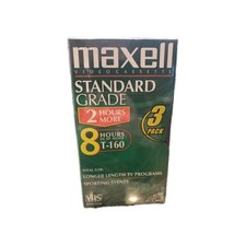 Maxell Video Cassette Standard Grade VHS T-160 8 Hours 3-Pack New