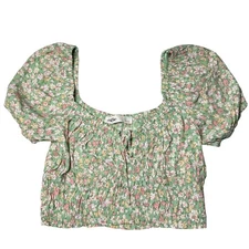 Elodie Crop Top Women's Size Small Green Floral Tie Neck Puff Sleeve Smocked