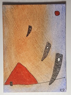 e9Art ACEO three aliens descending outsider art brut naive