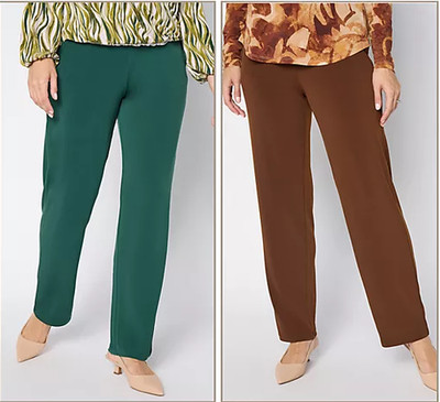 Susan Graver liquid knit pants (2 pairs) Cocoa/Evergreen XL (18-20)