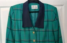 Le Suit Jacket Sz 14 Blue Green Plaid Blazer Blue Lapel Gold Buttons Preppy