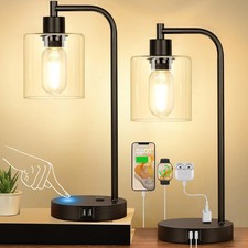 Dimmable Touch Control Black Metal Table Lamp with Glass Shade and USB Port