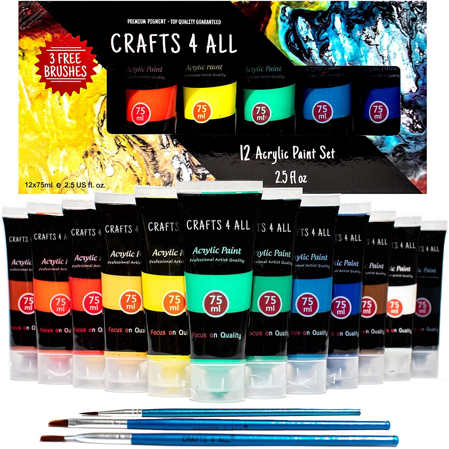 Crafts 4 ALL Large Acrylic Paint Set - 12 Vibrant Colors in 75ml Tubes w/ 3