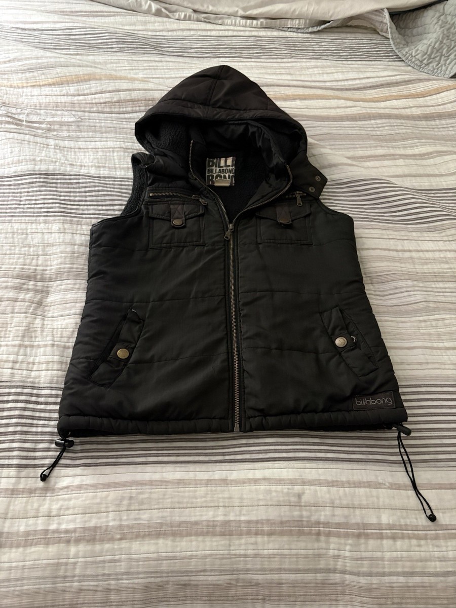Vintage Y2K Billabong White Fur Trim Hood Cargo Pocket Quilted Puffer Vest Bella