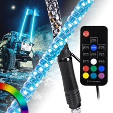 2pc 3ft RGB LED Spiral Whip Light Antenna Flag & Remote for ATV UTV Polaris RZR