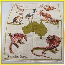 vintage green grey brown Australian Fauna Linen Tablecloth Traycloth Tray Cloth