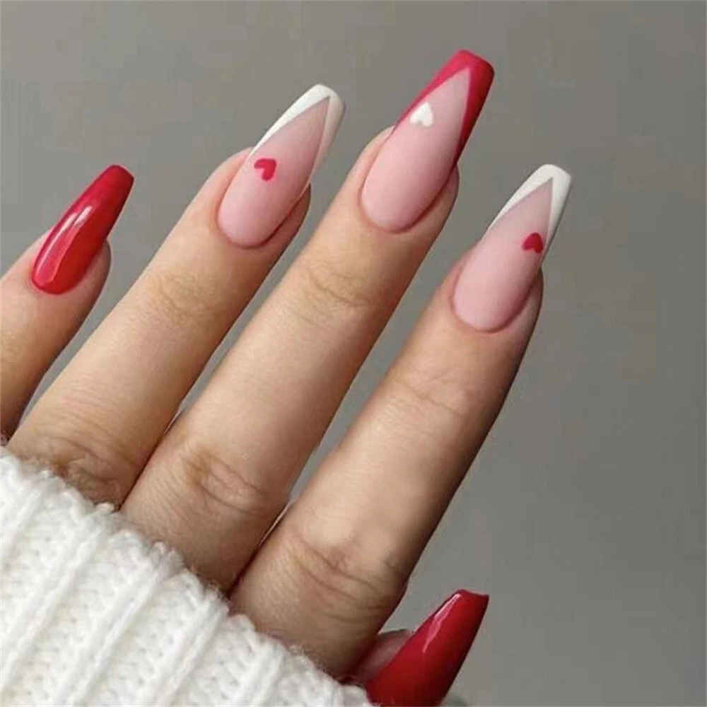 24Pcs French Pink Red Heart False Nails Long Coffin Full Artificial Nail  Tips