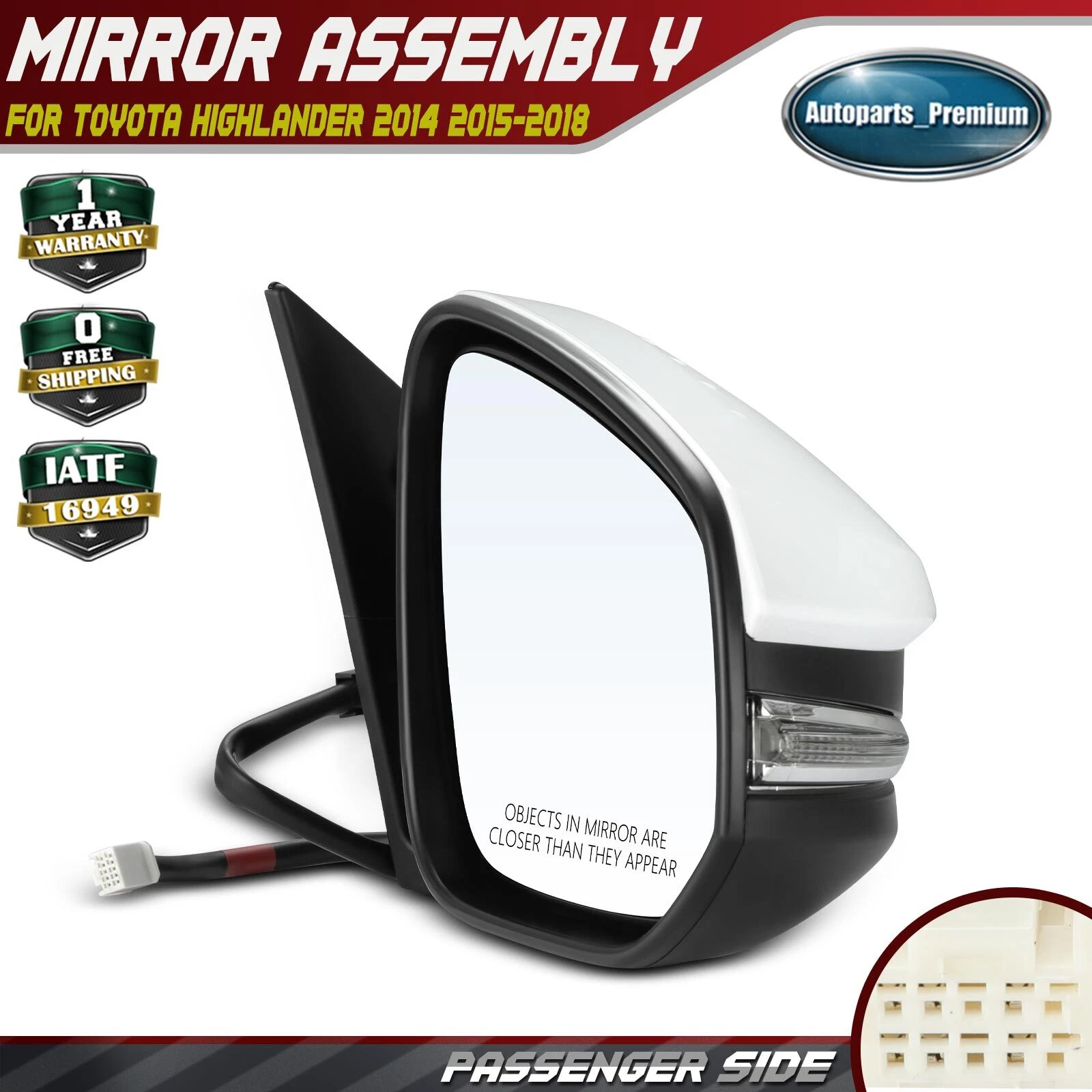 Right Power Mirror w/ Turn Signal & Heated White for Toyota Highlander 2014-2018