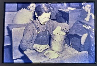 Vintage B/W 35mm slide photo Boy with Lunch Pail copy of vintage photograph