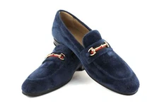 Men's Navy Blue Velvet  Slip On Gold Buckle Dress Shoes Loafers Formal AZARMAN