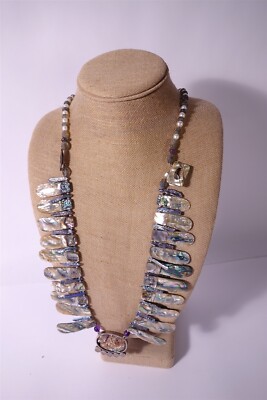 Beautiful Pearl and Abalone Necklace Sterling Setting Vintage