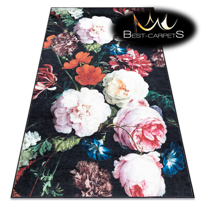 Moderner praktischer Wasch TEPPICH ''ANDRE'' 1629 Blumen schwarz pink pflegeleicht