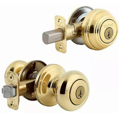 Polished Brass Finish; Juno Knob & Single Cylinder Deadbolt Combo Pack. NEW!