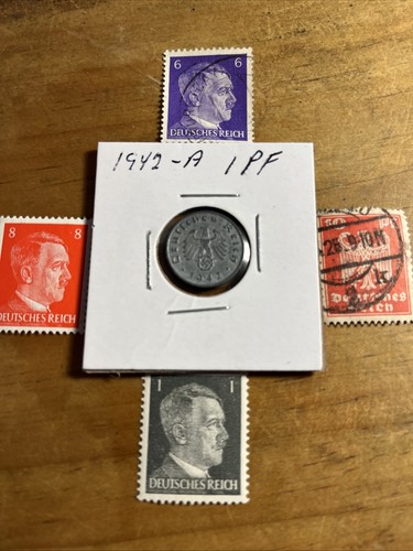 WW2 German Nazi 1942-A 1 Pfennig Nazi Coin And Stamps Swastika M