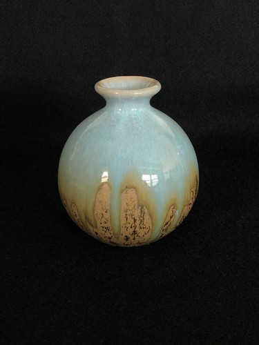 MCM Style Drip Glaze Art Pottery Globe Bud Vase Turquoise Browns/Gold 4.75"