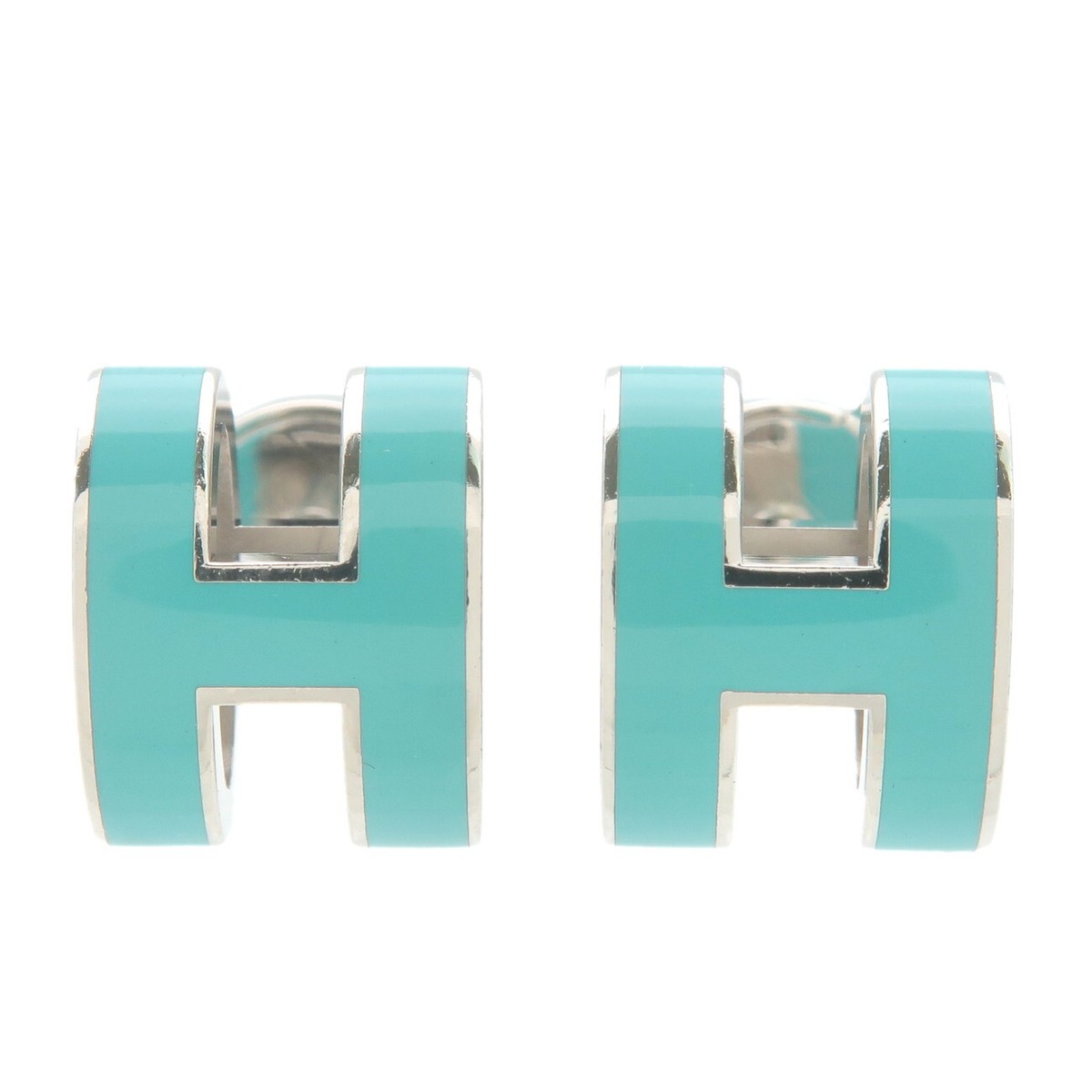 Authentic HERMES Pop Ash H Logo Earrings Metal Blue Silver