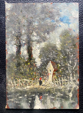 MARTERL OIL PAINTING IMPRESSIONIST MINIATURE ° GIRLS ANTIQUE UNSIGNED FOREST