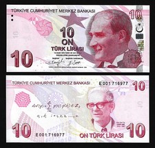 Turquía 10 Liras 2009 - 2021, UNC, Prefijo E 001, P-223e