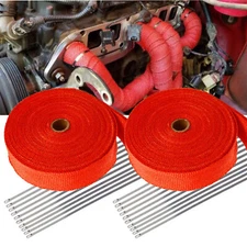2 Roll 2'' 50Ft+20 Ties Exhaust Manifold Red Heat Wrap Tape High Heat Fiberglass
