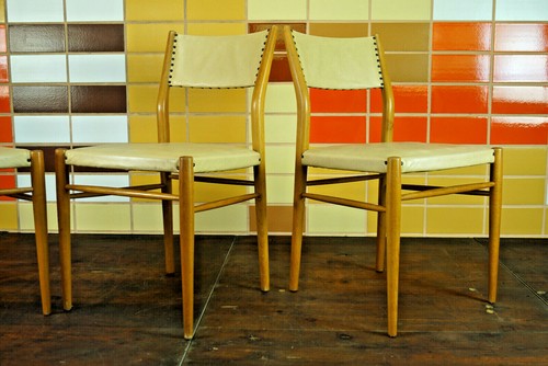 60er Retro Esszimmer Stuhl Designer Sessel Vintage Mid-Century Holz Vinyl 1/3 - Bild 4 von 12