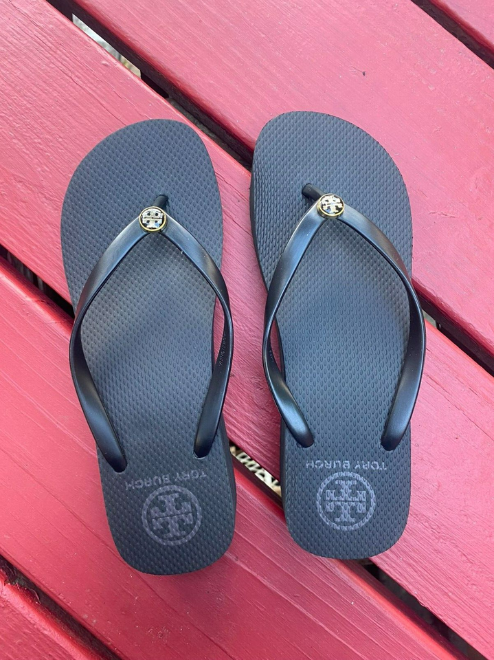 NWOB TORY BURCH MONOGRAM FLIP FLOPS Platform rubber thong sandals Black