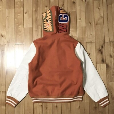BAPE sleeve leather shark hoodie varsity jacket NIGO Orange A