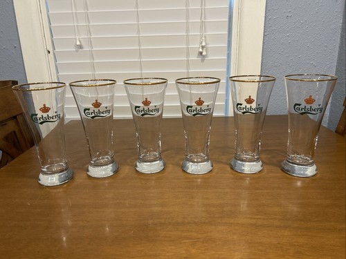 Vintage Carlsberg Brewery 16oz Gold Rim Beer bar dining set of 6 Glasses