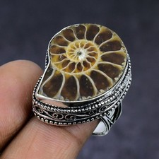 Natural Ammonite Fossil Gemstone 925 Sterling Silver Jewelry Ring Size 8 Gift I7