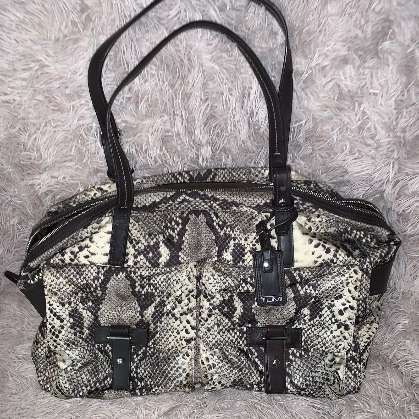 TUMI Nylon Tote Bag Python Print Leather Straps 1… - image 12