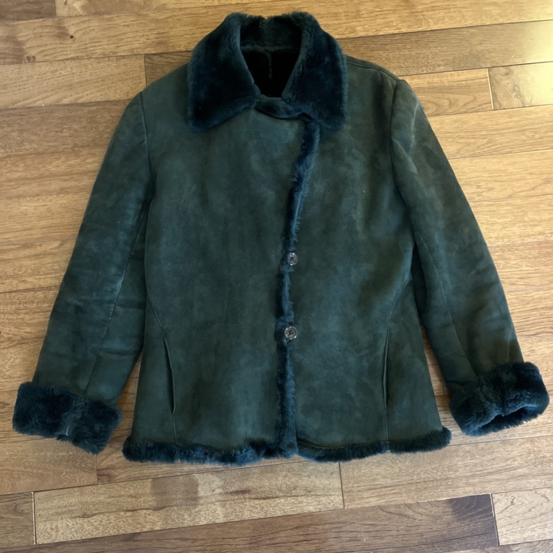 SEARLE Genuine Dark Hunter Green Shearling Fur Suede Sheepskin Jacket Coat M
