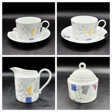 Discontinued Mikasa Fine China Color Sketch Cream, Sugar, 2 Tea Cups w/Saucers