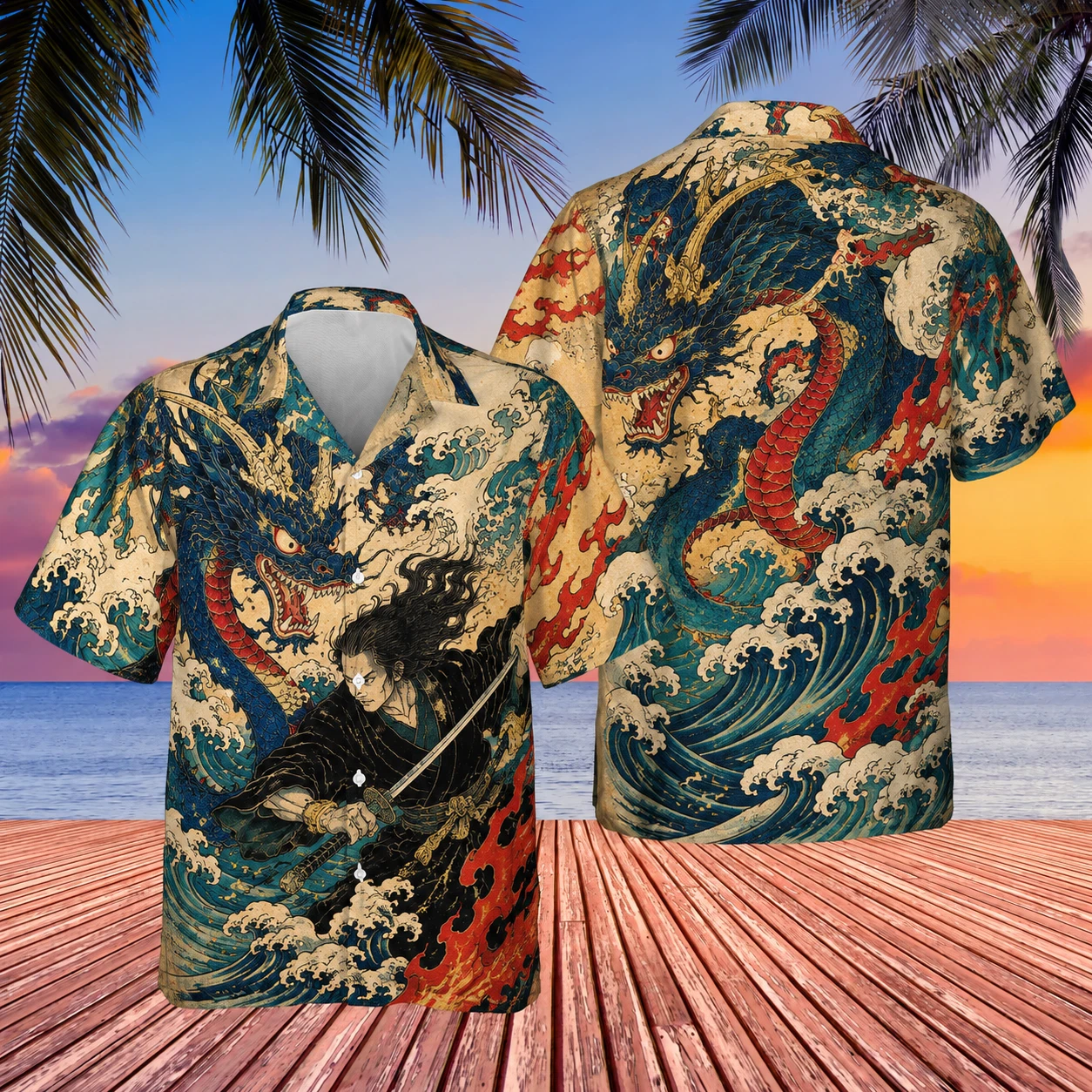 Japanese Samurai Dragon Hawaiian Shirt Ukiyo-e Wave Katana Beach Button Down