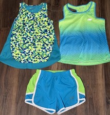 Skechers active 3 piece set Athletic shorts + 2 Tank Tops Vibrant Blue & green