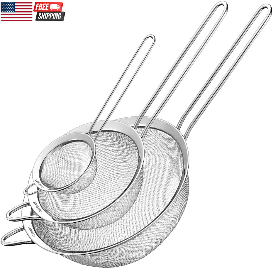 Mesh Strainers, 3 Count Stainless Steel Mesh Strainers for Kitchen, Fine Mesh Ki