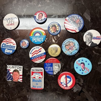 Lot of Campaign Pinback Buttons for Bill Clinton Gore Bob Dole Ross Perot Bush