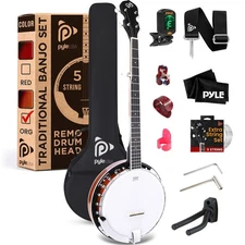 Pyle 5-String Banjo with White Pearl Color Plastic Tune Pegs & High-Density