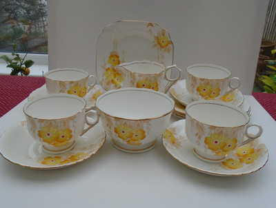 ART-DECO TEIL TEESERVICE 4 TASSEN UNTERTASSEN TELLER + KANNE & ZUCKER 14 TEILE PHOENIX WARE