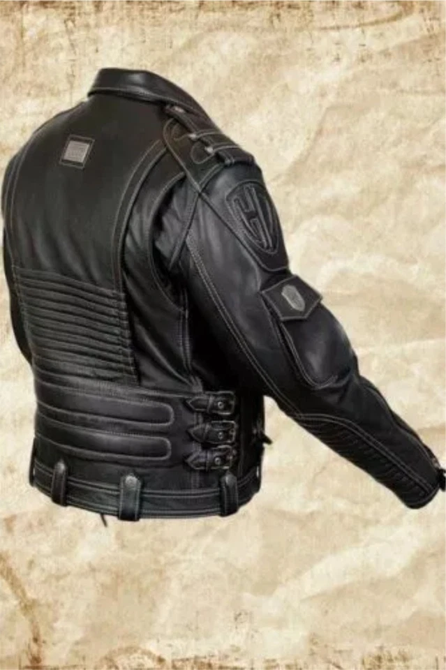 MEN'S GENUINE COWHIDE PREMIUM LEATHER MOTORCYCLE BIKER TOP LEATHER JACKET BLACK - Image 2 of 4