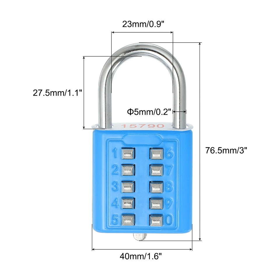 10-stelliges Tasten-Kombinations-Vorhängeschloss, 3er Pack 5-Positionen, Blau - Bild 2 von 4