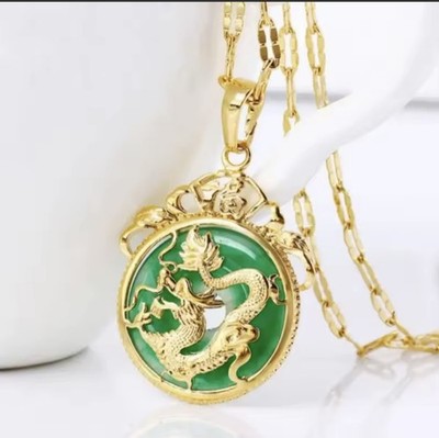 New Year Dragon Luxury Natural Green Jade 18k Gold Plated Lucky Pendant Necklace