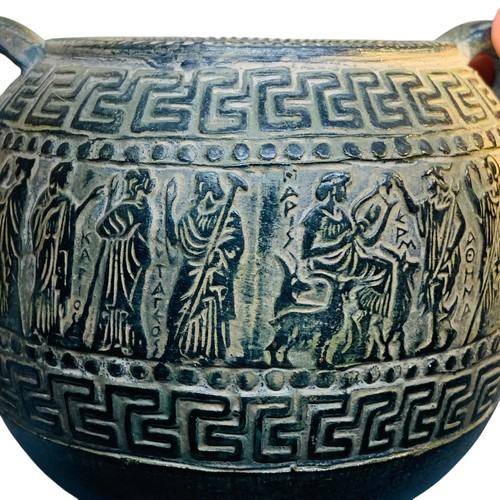 Greek Terracotta Pithari Pottery Jar w/ Handles Green Greek Key & Gods Relief - Picture 15 of 15
