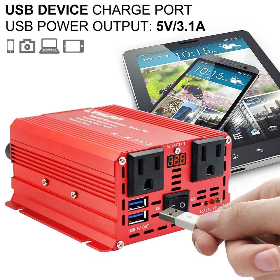 Car 500W Power Inverter Converter 12V to 120V 2USB 2AC Charge Phone