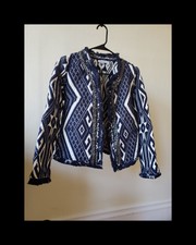 New Without Tags Glamorous Boho Chic White Navy Silver Embroidered Jacket Blazer