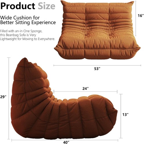 Loveseat Bean Bag Chair Double Seater Sofa Fireside Chair Foam Floor Lazy Sofa - Picture 7 of 7
