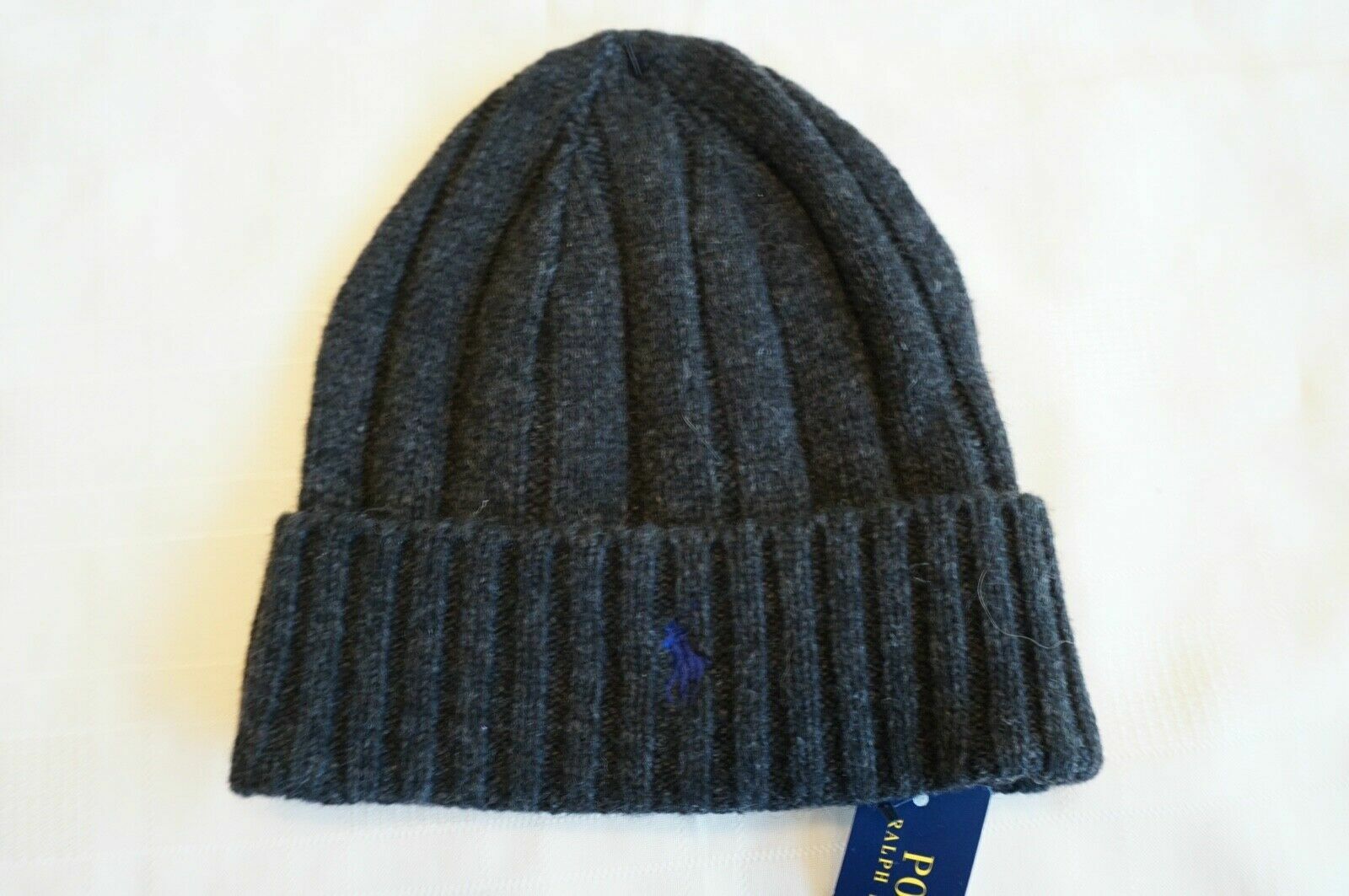 POLO RALPH LAUREN BERRETTO ROLL UP A COSTINE GRIGIO SCURO CON PONY BLU NUOVO