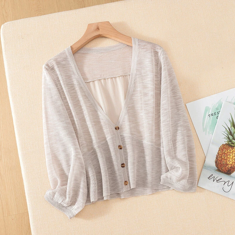 Cárdigan recortado de gasa empalmado manga 3/4 bolero encogido de hombros algodón lino para dama