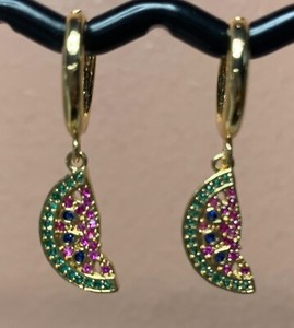 Authentic GOLD PLATED HOOP HUGGIES PAVE FRUIT LEMONS WATERMELONS CHERRIES GRAPES EARRINGS